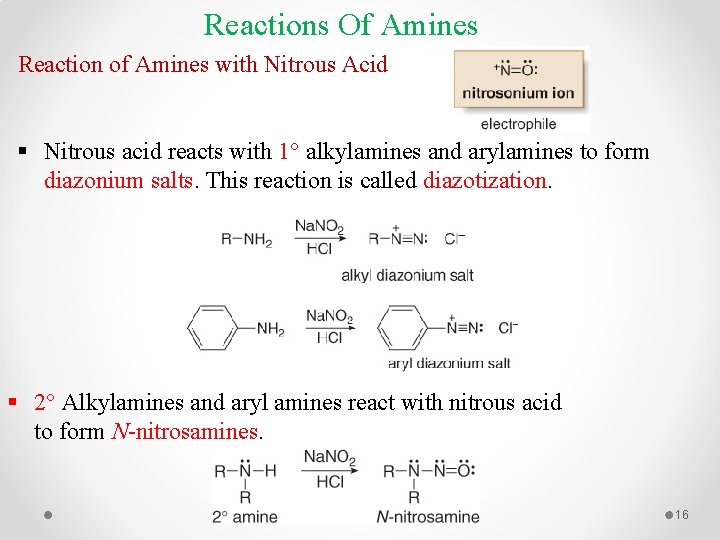 Reactions Of Amines Reaction of Amines with Nitrous Acid § Nitrous acid reacts with