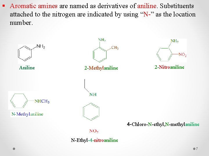 § Aromatic amines are named as derivatives of aniline. Substituents attached to the nitrogen