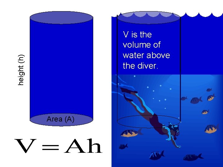 height (h) V is the volume of water above the diver. Area (A) 