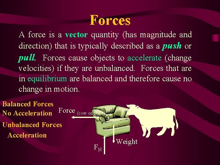 Forces A force is a vector quantity (has magnitude and direction) that is typically