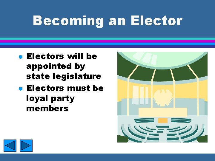 Becoming an Elector l l Electors will be appointed by state legislature Electors must