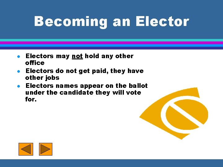 Becoming an Elector l l l Electors may not hold any other office Electors