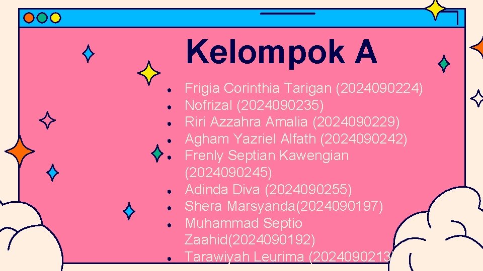 Kelompok A ● ● ● ● ● Frigia Corinthia Tarigan (2024090224) Nofrizal (2024090235) Riri