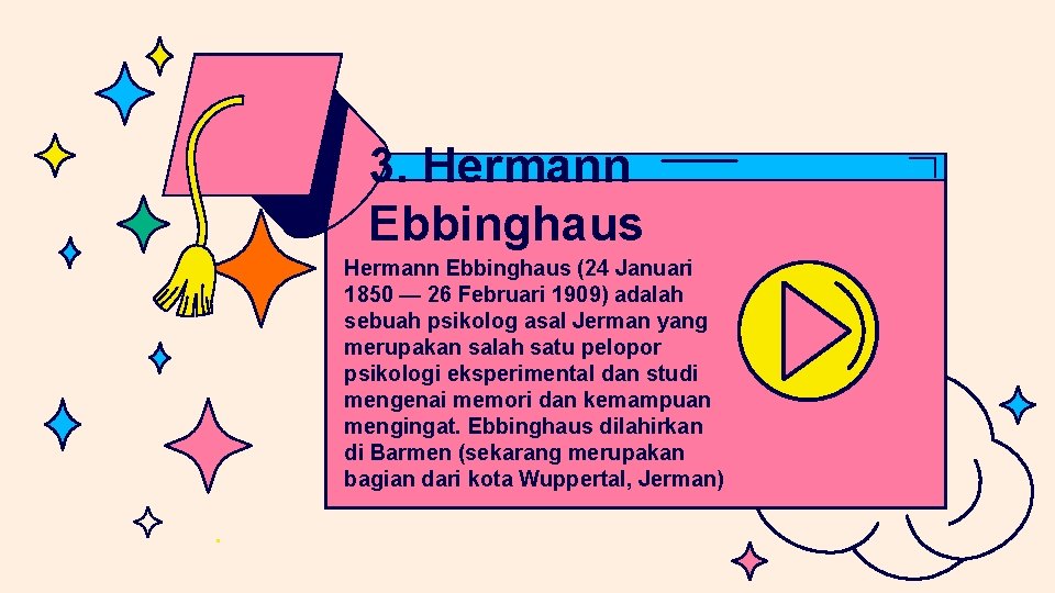 3. Hermann Ebbinghaus (24 Januari 1850 — 26 Februari 1909) adalah sebuah psikolog asal