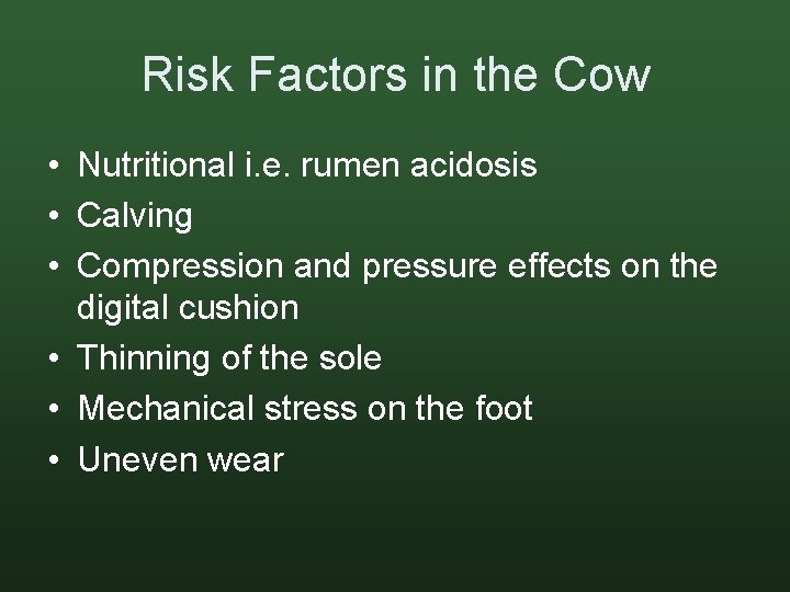 Risk Factors in the Cow • Nutritional i. e. rumen acidosis • Calving •