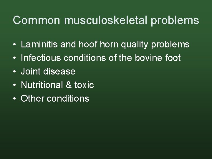 Common musculoskeletal problems • • • Laminitis and hoof horn quality problems Infectious conditions