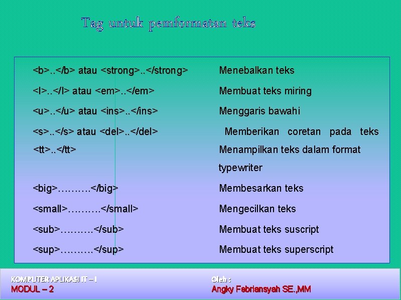 Tag untuk pemformatan teks <b>. . </b> atau <strong>. . </strong> Menebalkan teks <I>.