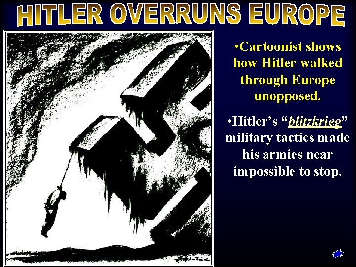  • Cartoonist shows how Hitler walked through Europe unopposed. • Hitler’s “blitzkrieg” blitzkrieg