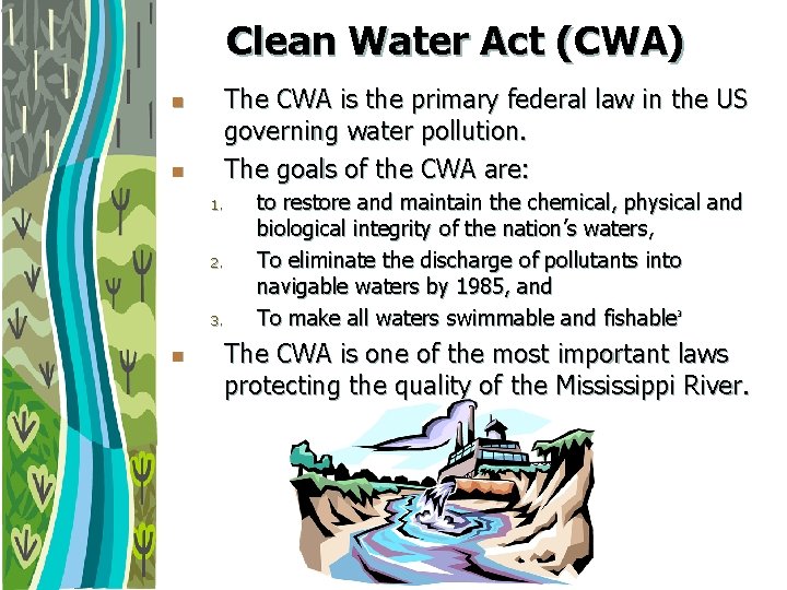 Clean Water Act (CWA) n n The CWA is the primary federal law in