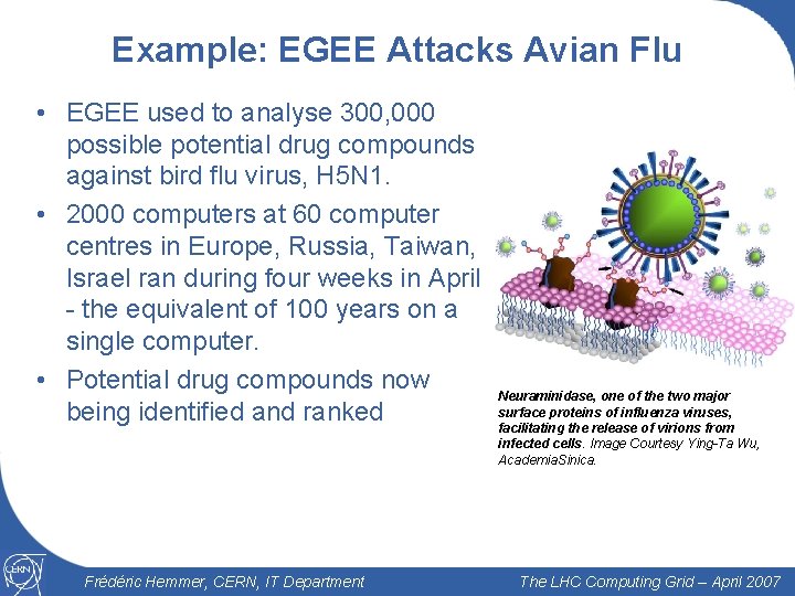 Example: EGEE Attacks Avian Flu • EGEE used to analyse 300, 000 possible potential
