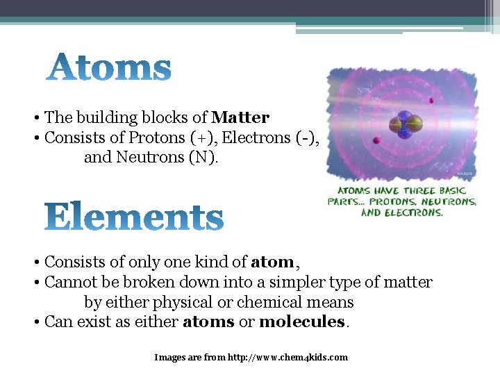 • The building blocks of Matter • Consists of Protons (+), Electrons (-), • The building blocks of Matter • Consists of Protons (+), Electrons (-),