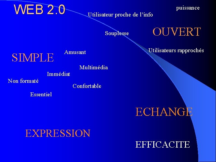 WEB 2. 0 puissance Utilisateur proche de l’info Souplesse SIMPLE Amusant OUVERT Utilisateurs rapprochés