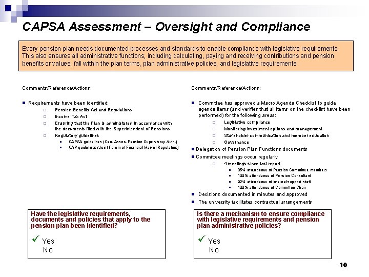CAPSA Assessment – Oversight and Compliance Every pension plan needs documented processes and standards