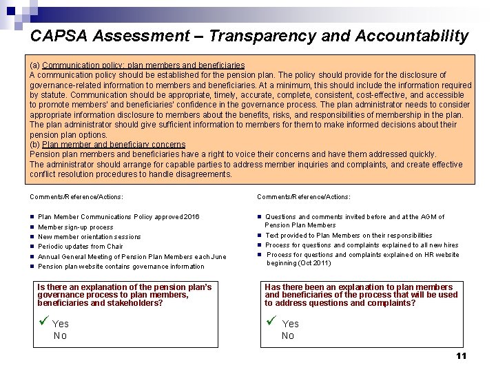 CAPSA Assessment – Transparency and Accountability (a) Communication policy: plan members and beneficiaries A