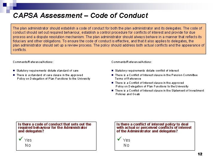 CAPSA Assessment – Code of Conduct The plan administrator should establish a code of