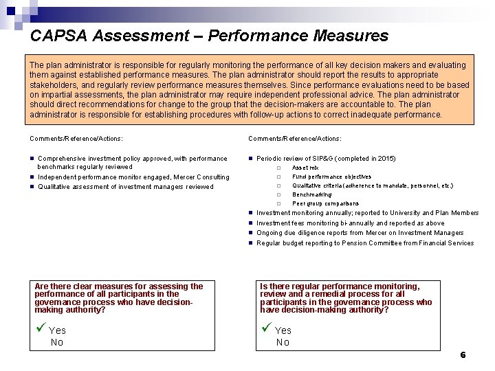 CAPSA Assessment – Performance Measures The plan administrator is responsible for regularly monitoring the