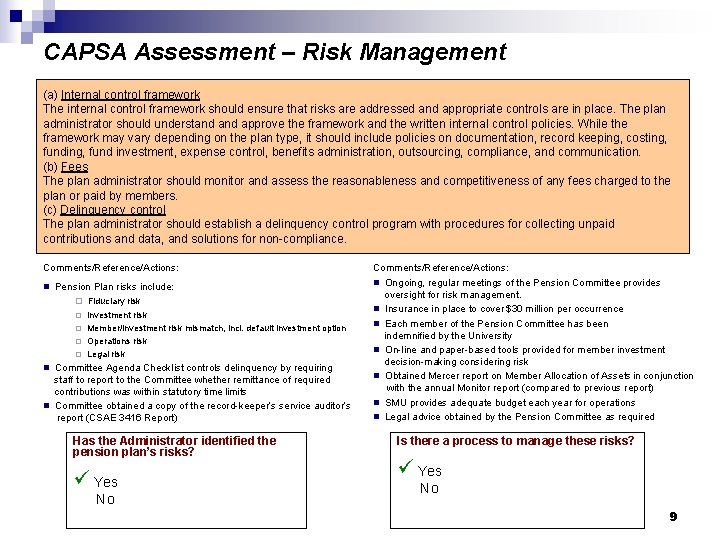 CAPSA Assessment – Risk Management (a) Internal control framework The internal control framework should