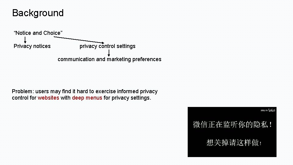 Background “Notice and Choice” Privacy notices privacy control settings communication and marketing preferences Problem: