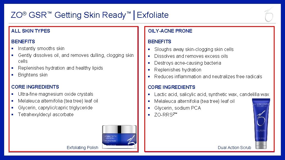 ZO® GSR™ Getting Skin Ready™│Exfoliate ALL SKIN TYPES OILY-ACNE PRONE BENEFITS § Instantly smooths
