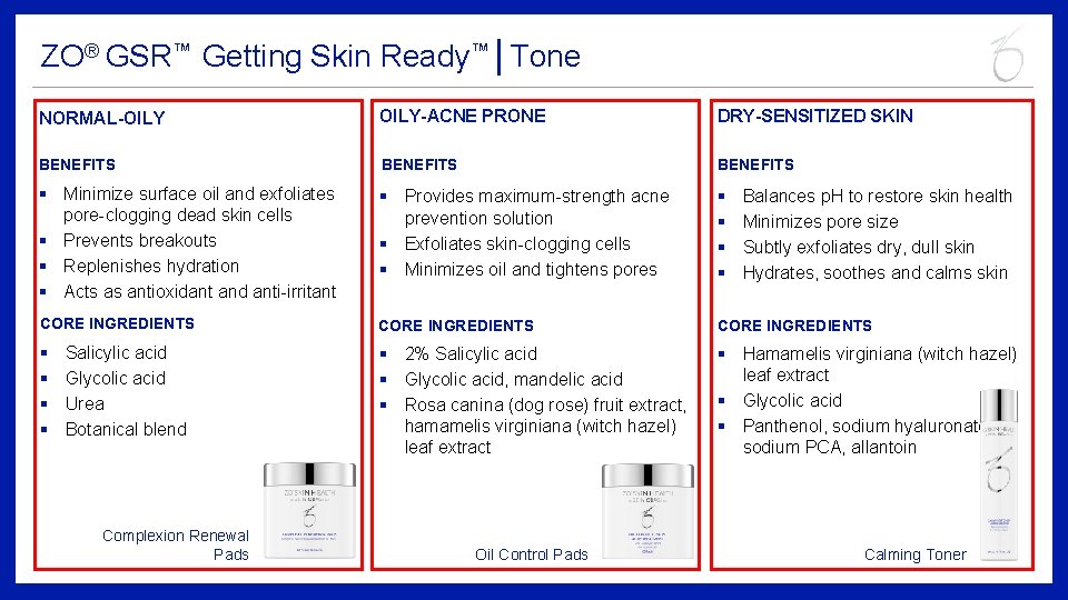 ZO® GSR™ Getting Skin Ready™│Tone NORMAL-OILY-ACNE PRONE DRY-SENSITIZED SKIN BENEFITS § Minimize surface oil