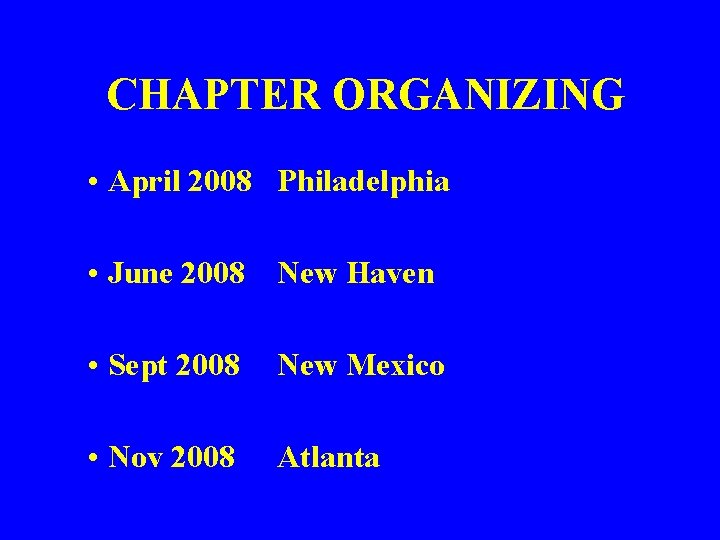 CHAPTER ORGANIZING • April 2008 Philadelphia • June 2008 New Haven • Sept 2008