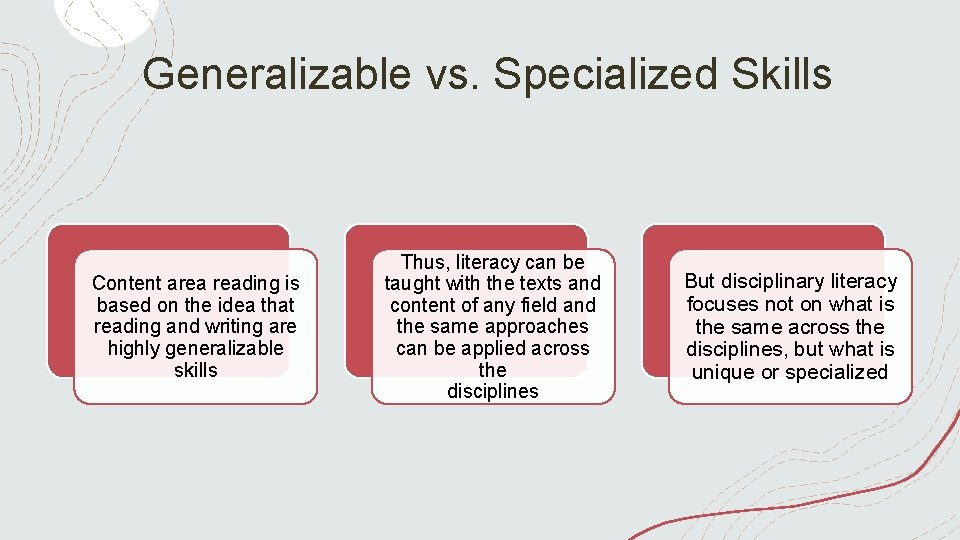 Generalizable vs. Specialized Skills Content area reading is based on the idea that reading
