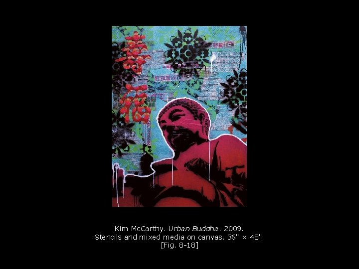 Kim Mc. Carthy. Urban Buddha. 2009. Stencils and mixed media on canvas. 36" ×