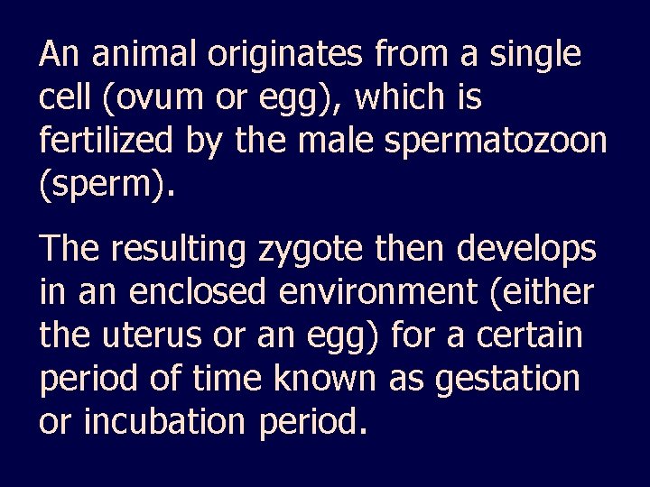 An animal originates from a single cell (ovum or egg), which is fertilized by