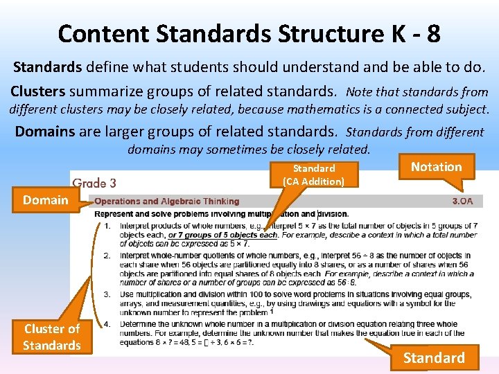 Content Standards Structure K - 8 Standards define what students should understand be able