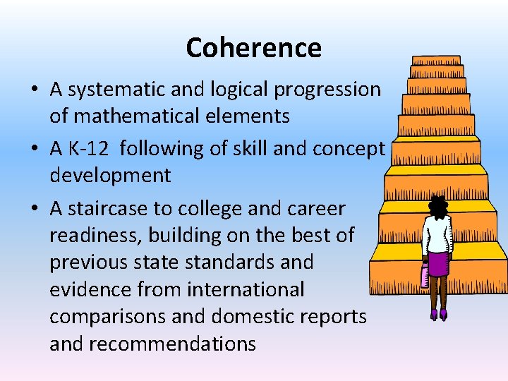 Coherence • A systematic and logical progression of mathematical elements • A K-12 following
