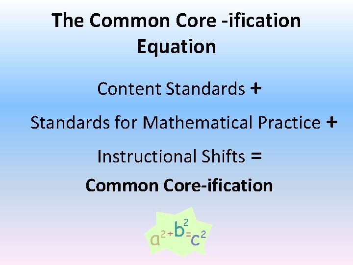 The Common Core -ification Equation Content Standards + Standards for Mathematical Practice + Instructional