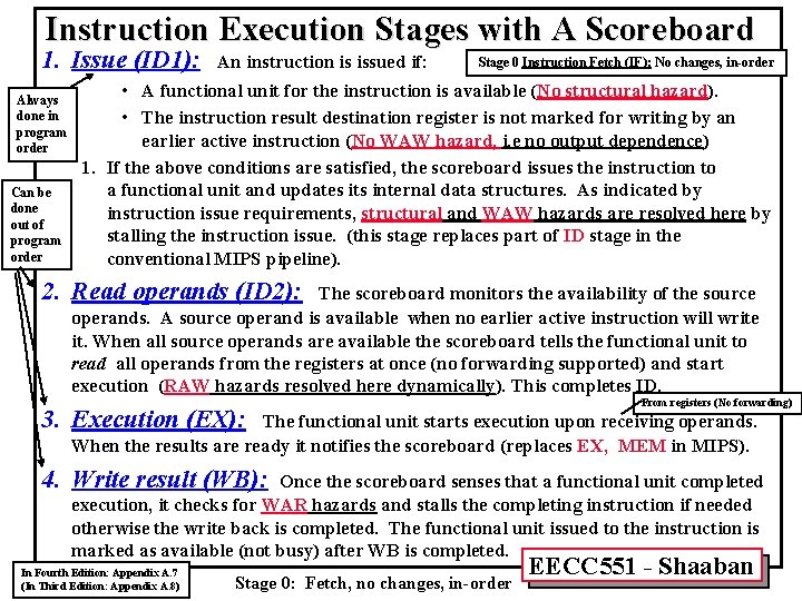 Instruction Execution Stages with A Scoreboard 1. Issue (ID 1): Always done in program