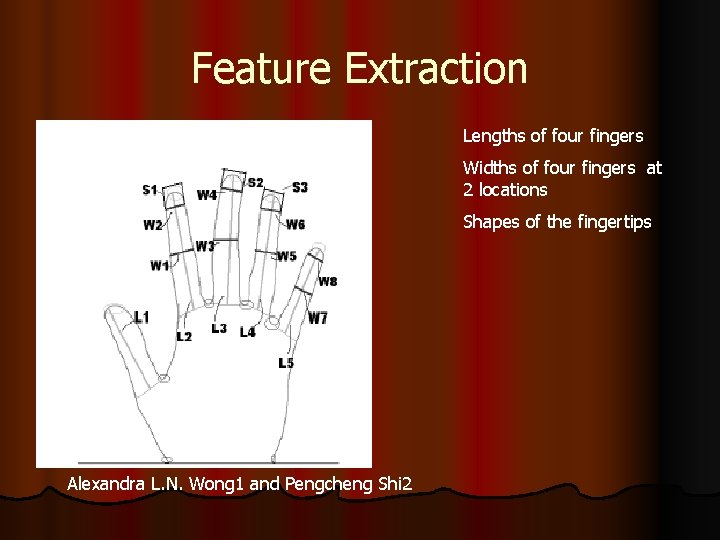 Feature Extraction Lengths of four fingers Widths of four fingers at 2 locations Shapes