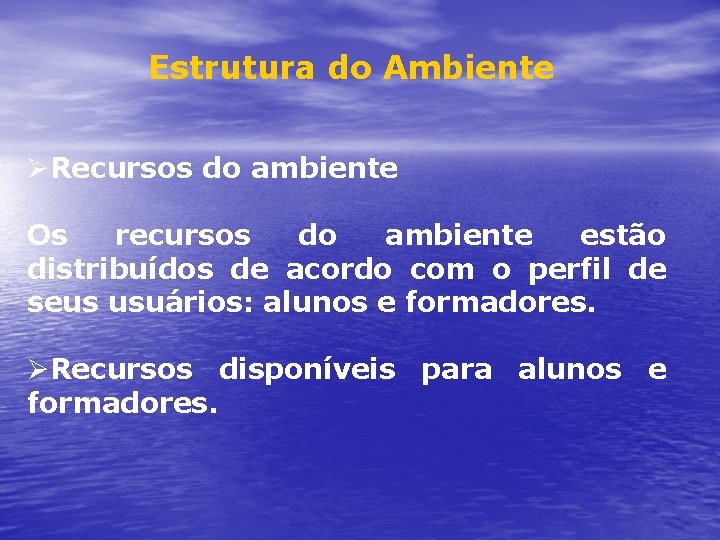 Estrutura do Ambiente ØRecursos do ambiente Os recursos do ambiente estão distribuídos de acordo