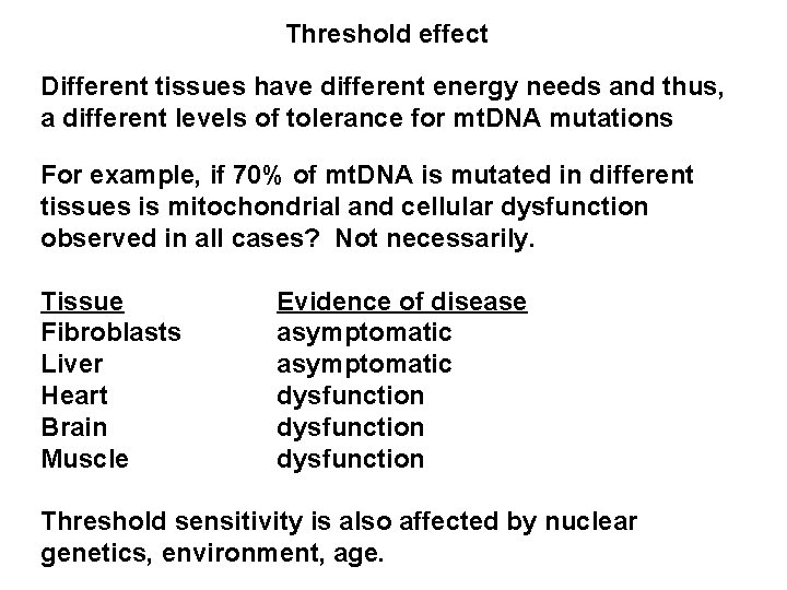 Threshold effect Different tissues have different energy needs and thus, a different levels of