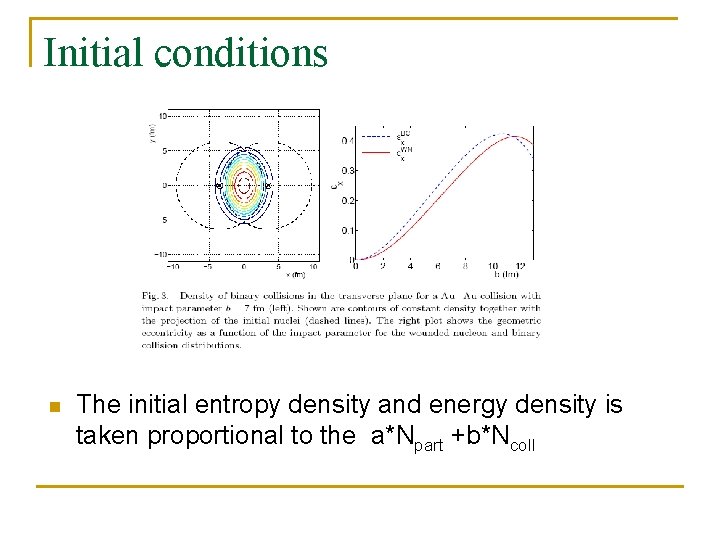 Initial conditions n The initial entropy density and energy density is taken proportional to