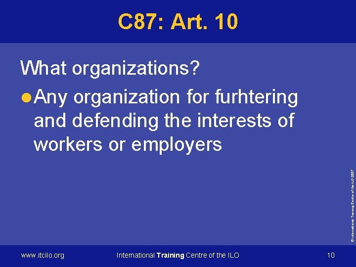 C 87: Art. 10 © International Training Centre of the ILO 2007 What organizations?