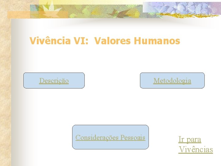 Vivência VI: Valores Humanos Descrição Metodologia Considerações Pessoais Ir para Vivências 