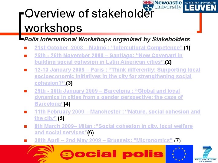 Overview of stakeholder workshops Polis International Workshops organised by Stakeholders 21 st October 2008