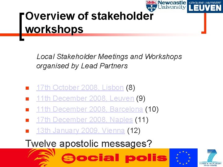 Overview of stakeholder workshops Local Stakeholder Meetings and Workshops organised by Lead Partners 17