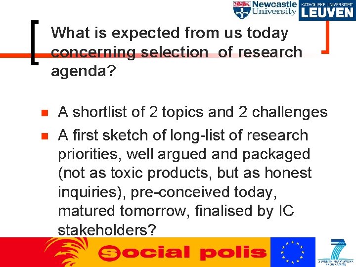 What is expected from us today concerning selection of research agenda? A shortlist of