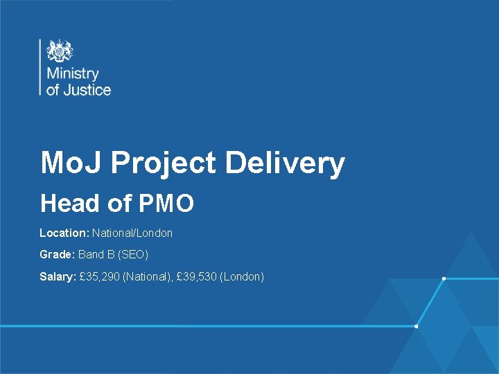 Mo. J Project Delivery Head of PMO Location: National/London Grade: Band B (SEO) Salary: