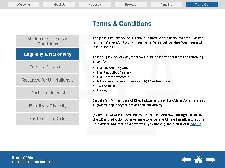 Welcome About Us Vacancy Process Timeline T’s & C’s Terms & Conditions Modernised Terms