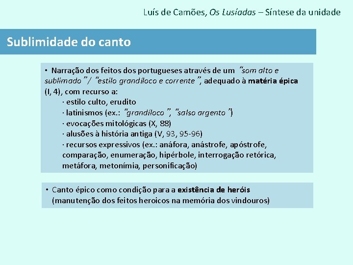 Luís de Camões, Os Lusíadas – Síntese da unidade Sublimidade do canto • Narração