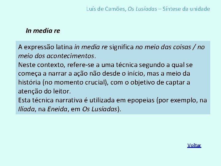 Luís de Camões, Os Lusíadas – Síntese da unidade In media re A expressão