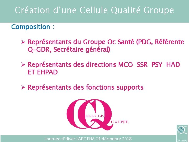 Création d’une Cellule Qualité Groupe Composition : Ø Représentants du Groupe Oc Santé (PDG,