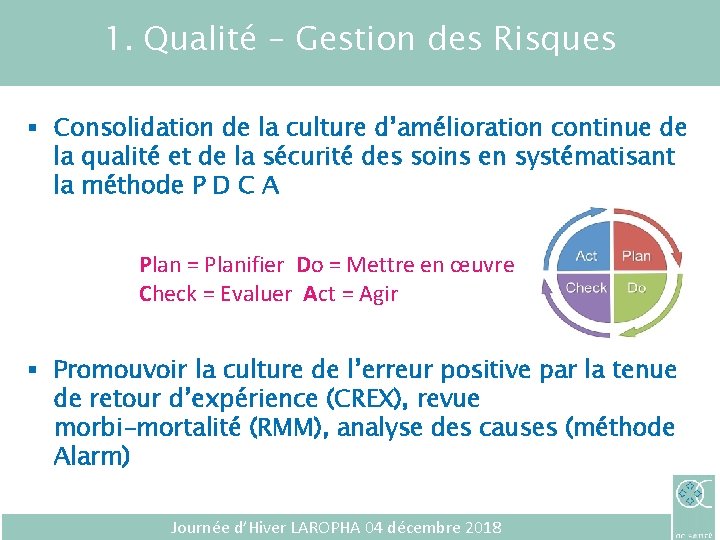 1. Qualité – Gestion des Risques § Consolidation de la culture d’amélioration continue de