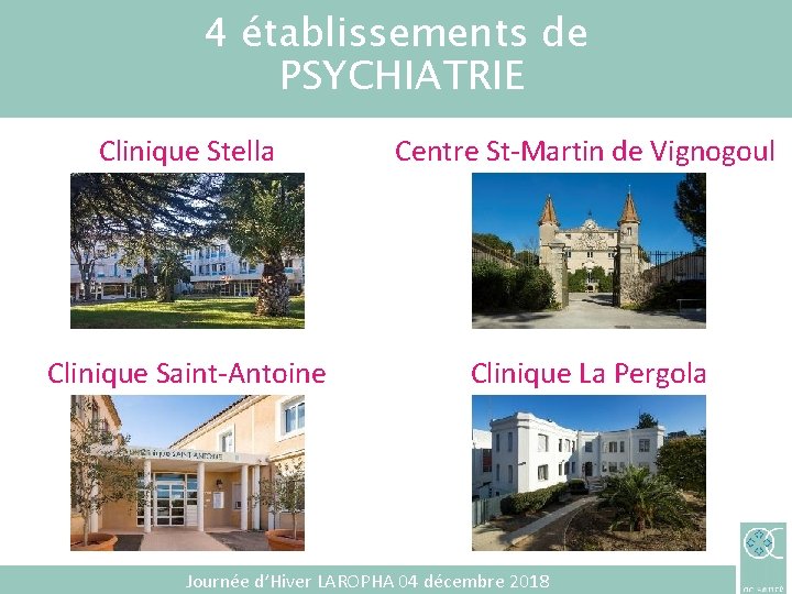 4 établissements de PSYCHIATRIE Clinique Saint-Antoine Centre St-Martin de Vignogoul UNE AMBITION : LA