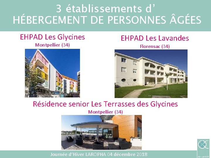 3 établissements d’ HÉBERGEMENT DE PERSONNES GÉES EHPAD Les Glycines EHPAD Les Lavandes Montpellier