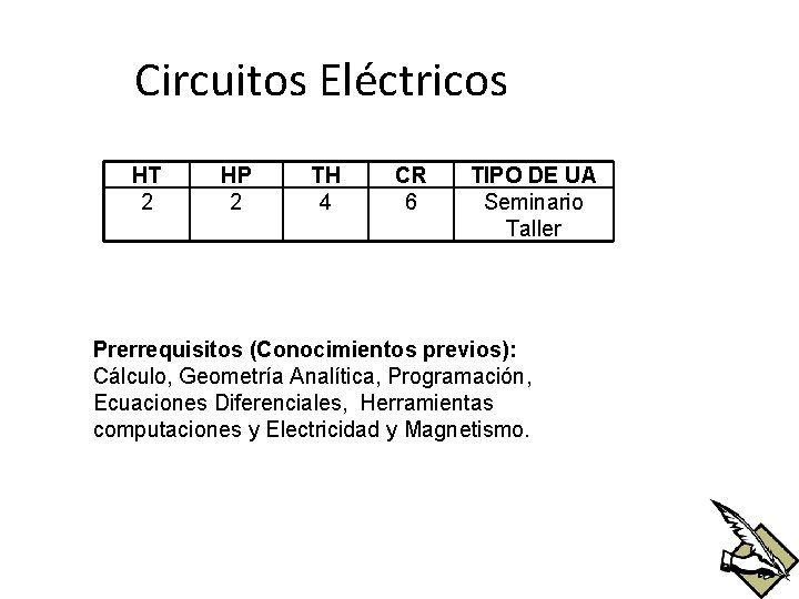 Circuitos Eléctricos HT 2 HP 2 TH 4 CR 6 TIPO DE UA Seminario